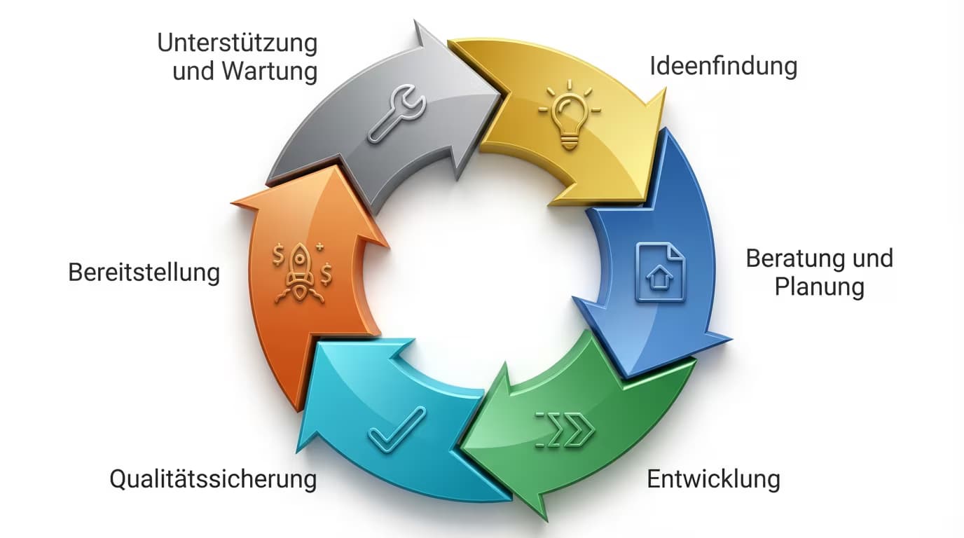 Entwicklungszyklus: Ideenfindung, Beratung und Planung, Entwicklung, Qualitätssicherung, Bereitstellung, Unterstützung und Wartung Entwicklungszyklus: Ideenfindung, Beratung und Planung, Entwicklung, Qualitätssicherung, Bereitstellung, Unterstützung und Wartung