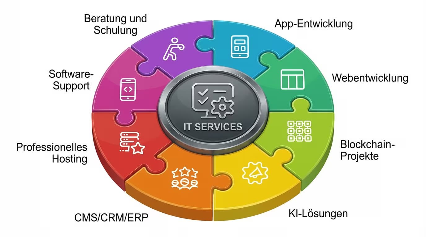 Unser Leistungsspektrum: App-Entwicklung, Webentwicklung, Blockchain-Projekte, KI-Lösungen, CMS/CRM/ERP, Professionelles Hosting, Software-Support, Beratung und Schulung Unser Leistungsspektrum: App-Entwicklung, Webentwicklung, Blockchain-Projekte, KI-Lösungen, CMS/CRM/ERP, Professionelles Hosting, Software-Support, Beratung und Schulung