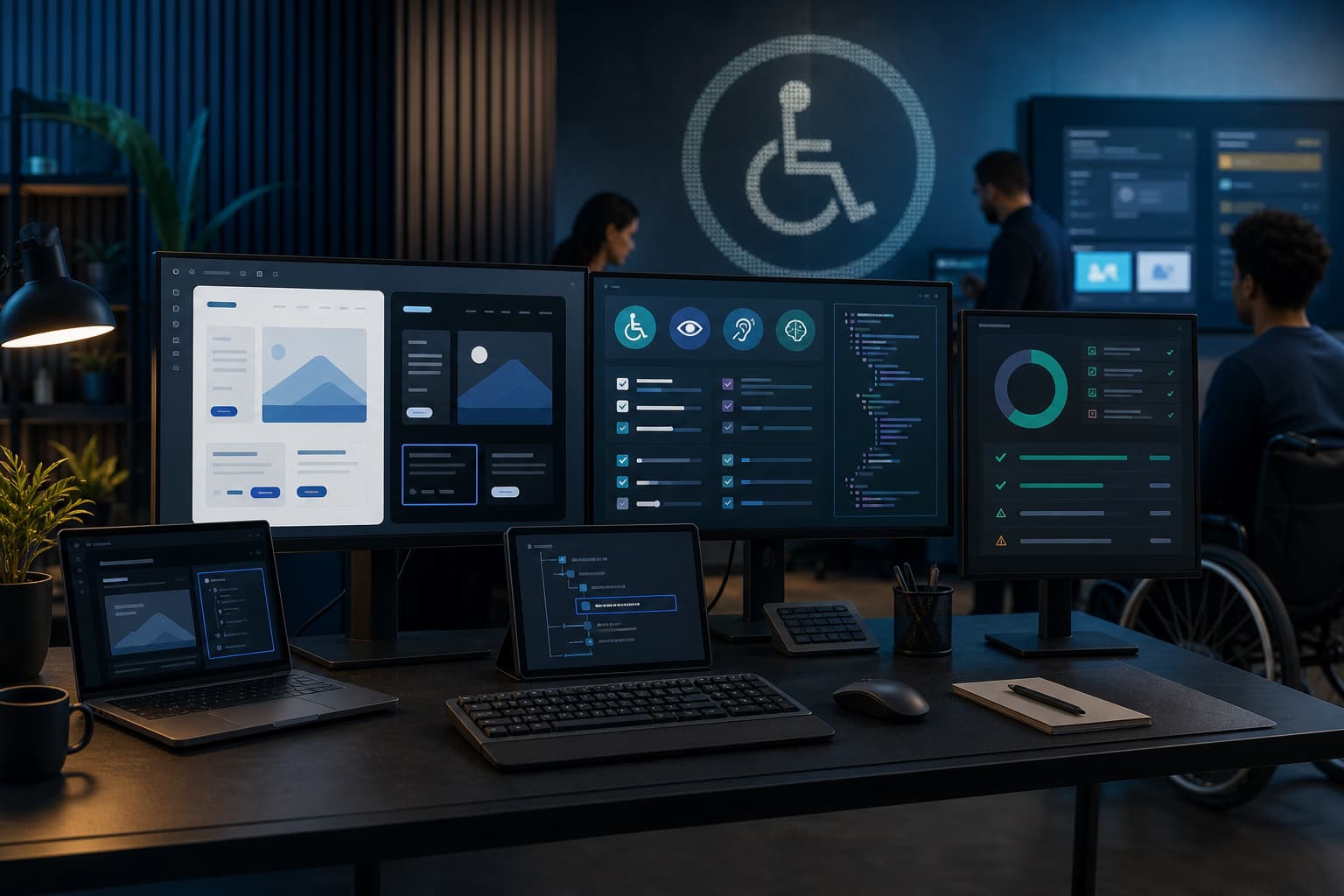 Accessibility – icons for vision, keyboard, speech and inclusion in front of an accessible web interface following WCAG 2.2 Accessibility – icons for vision, keyboard, speech and inclusion in front of an accessible web interface following WCAG 2.2