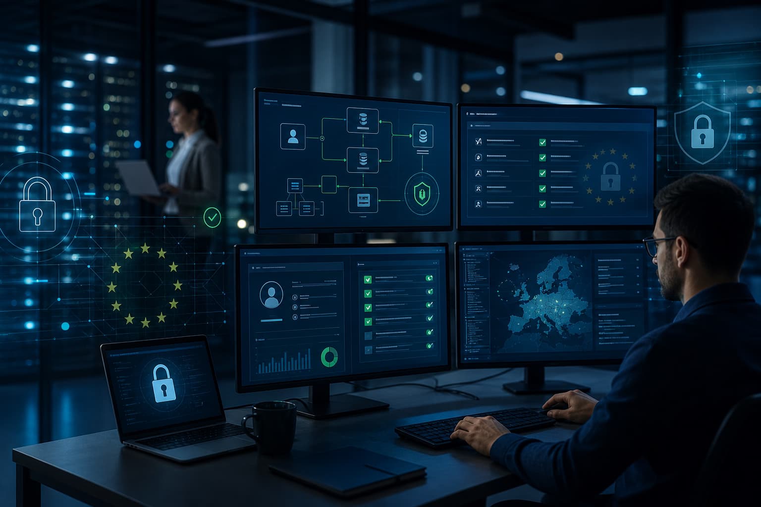 Privacy and GDPR – lock icon, EU stars and a secure web form symbolizing confidential handling of personal data Privacy and GDPR – lock icon, EU stars and a secure web form symbolizing confidential handling of personal data